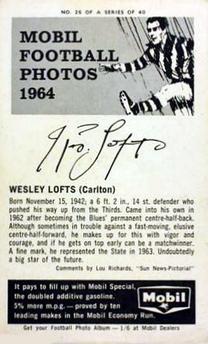 1964 Mobil Football Photos VFL #26 Wesley Lofts Back